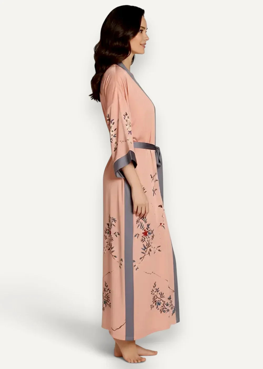 Women’s long kimono robe in soft pink with floral embroidery and contrasting gray trim on sides collar and cuffs