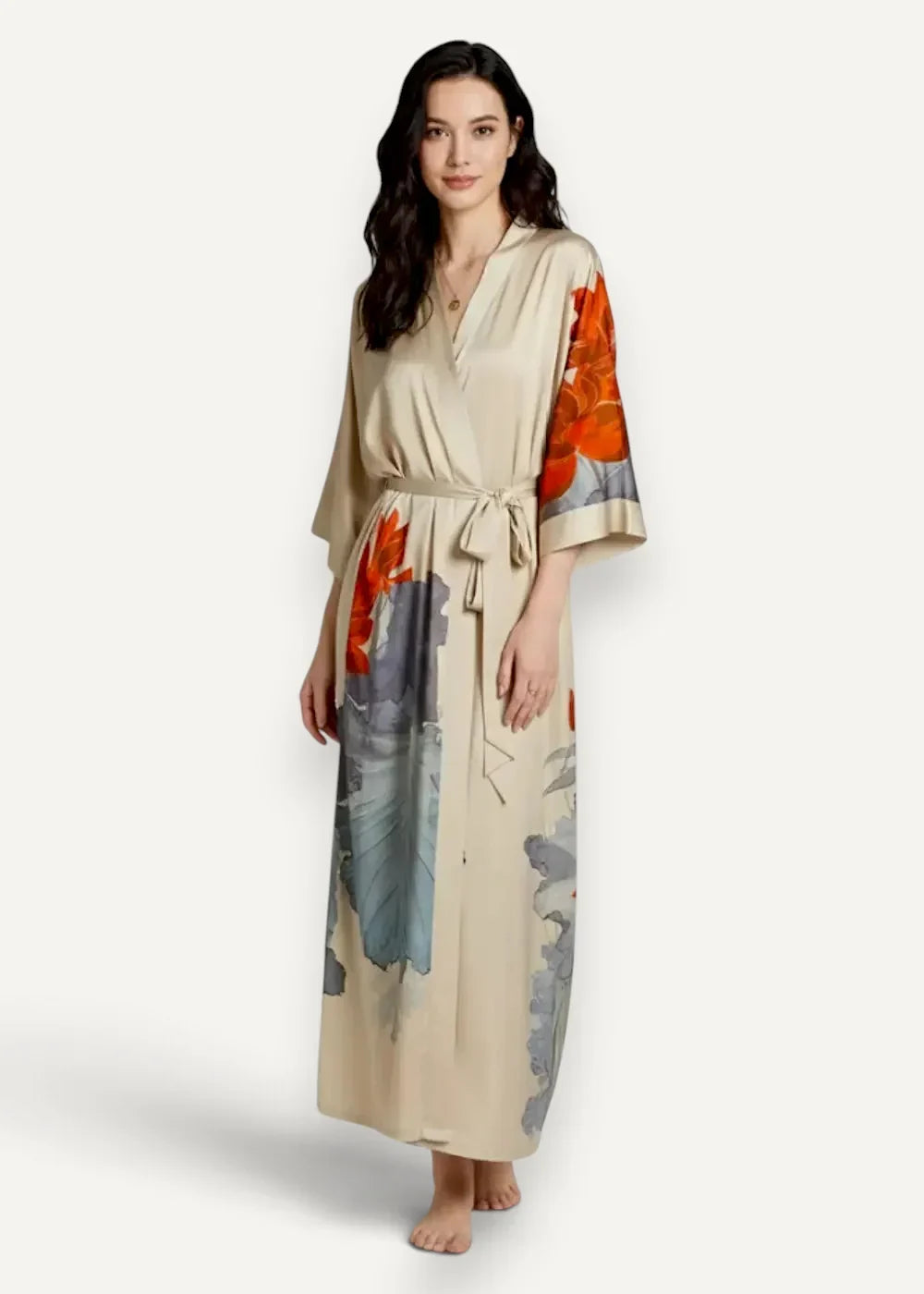 Beige silk women’s long satin robe with vibrant orange and gray floral print wrap style and matching belt