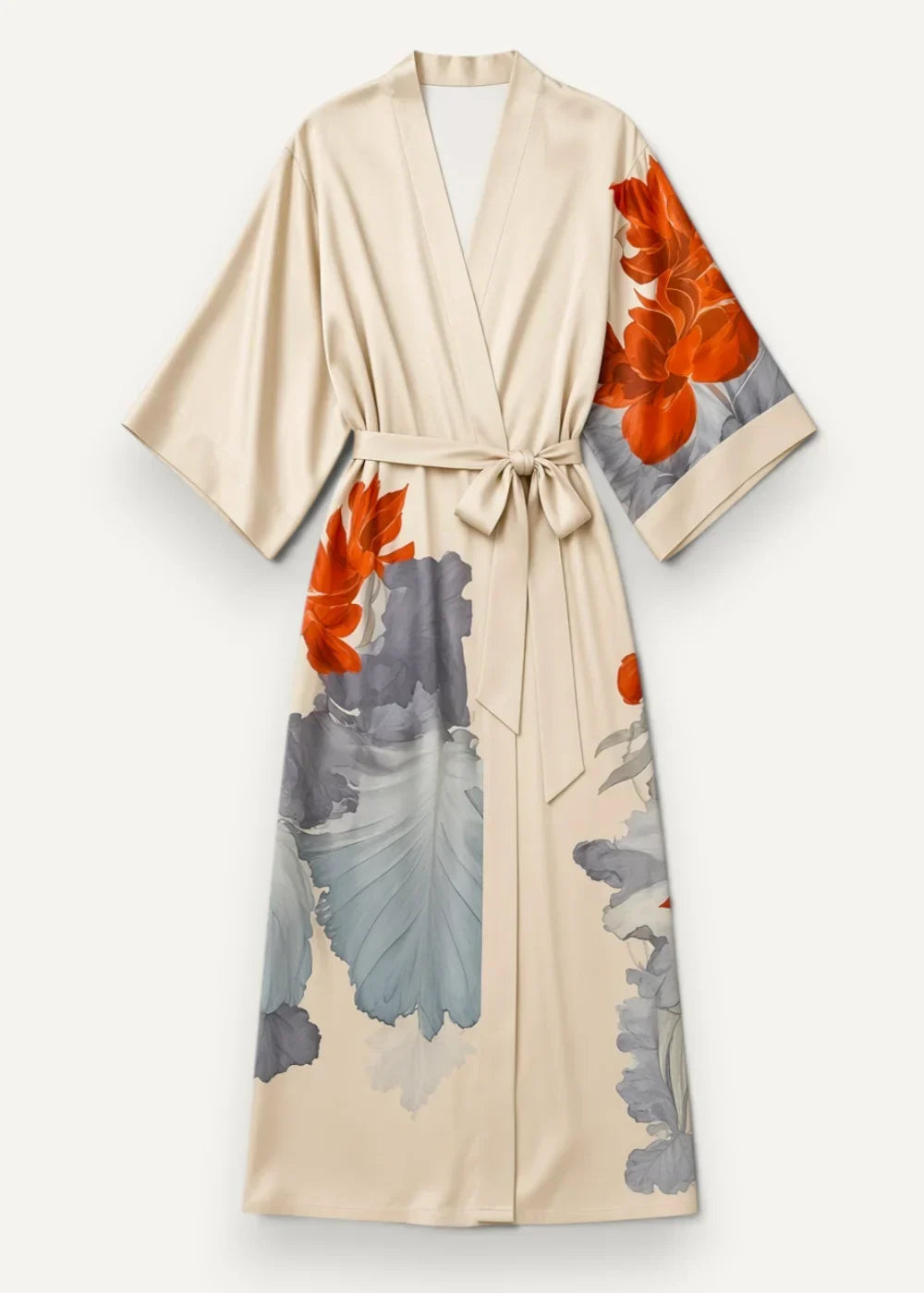 Women’s long satin robe in cream silk with vibrant orange and muted gray floral pattern and a self-tie belt