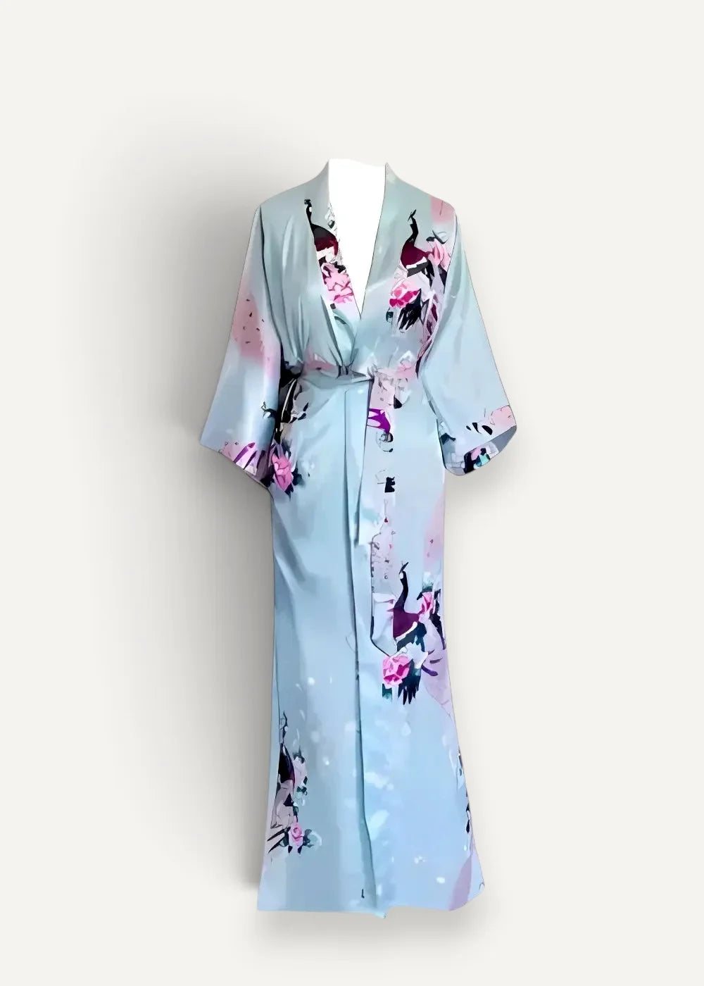 Women’s long silk robe in light blue satin with peacock and pink floral pattern, three-quarter sleeves, and matching belt