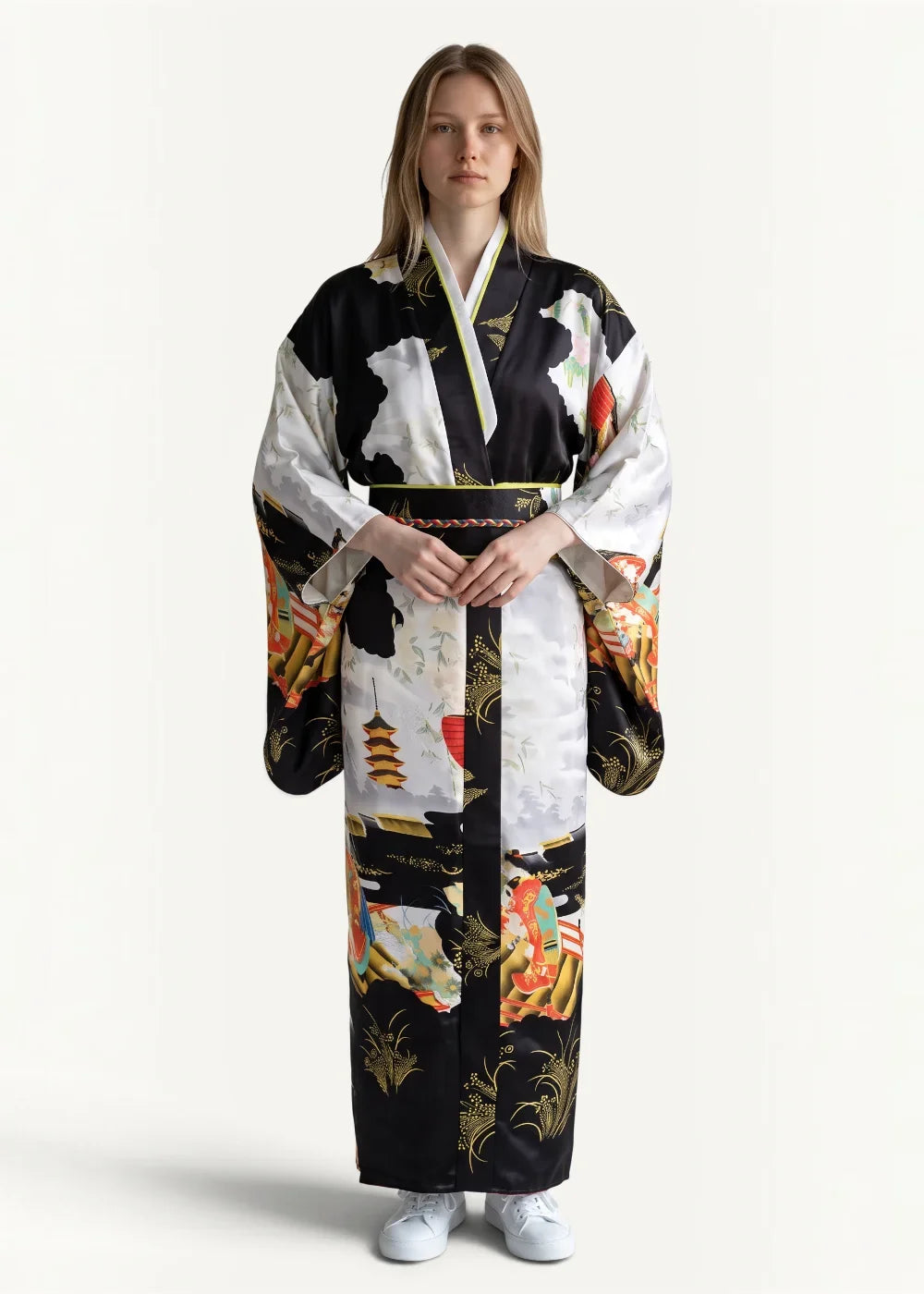 Women’s satin kimono in black and white silk with intricate gold red and orange traditional japanese motifs