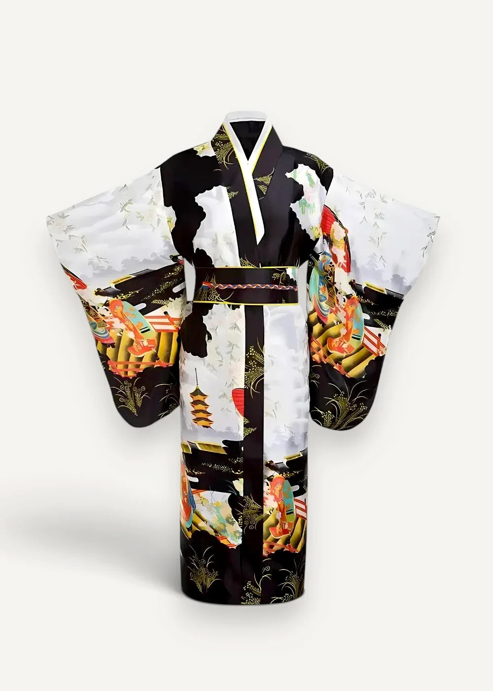 Women’s satin kimono in black and white with vibrant traditional Japanese motifs and gold accents on collar and obi belt