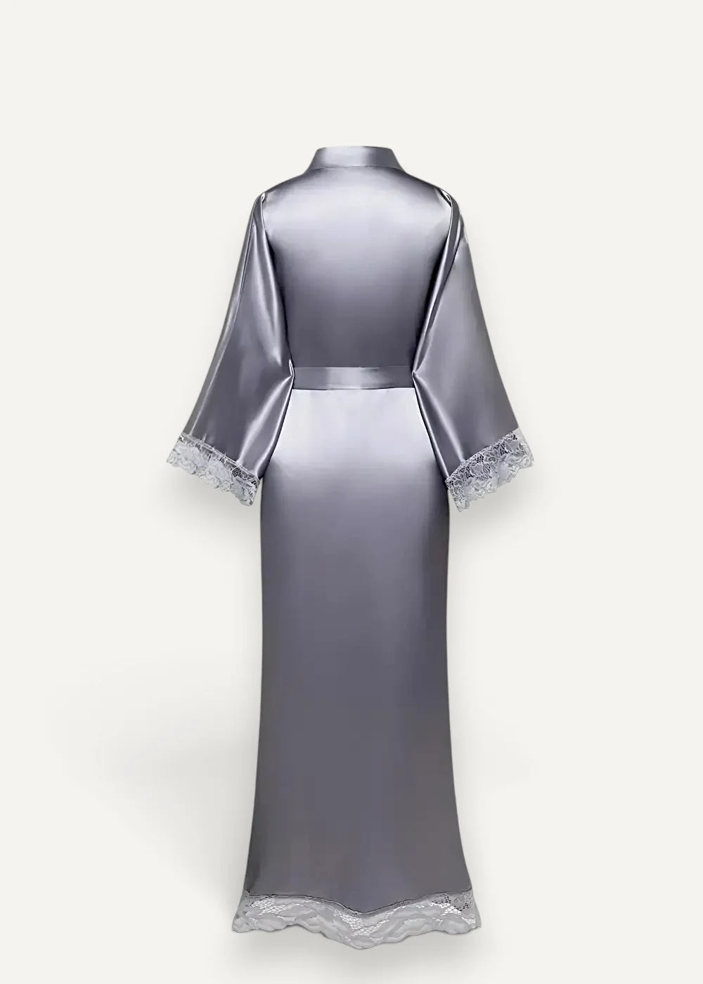 Women’s satin kimono robe in sleek silver with delicate lace trim on cuffs and hem made of smooth satin