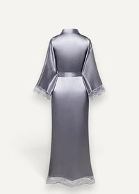 Women’s satin kimono robe in sleek silver with delicate lace trim on cuffs and hem made of smooth satin