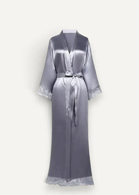Women’s satin kimono robe in sleek silver with delicate lace trim at cuffs and hem, tied with matching belt