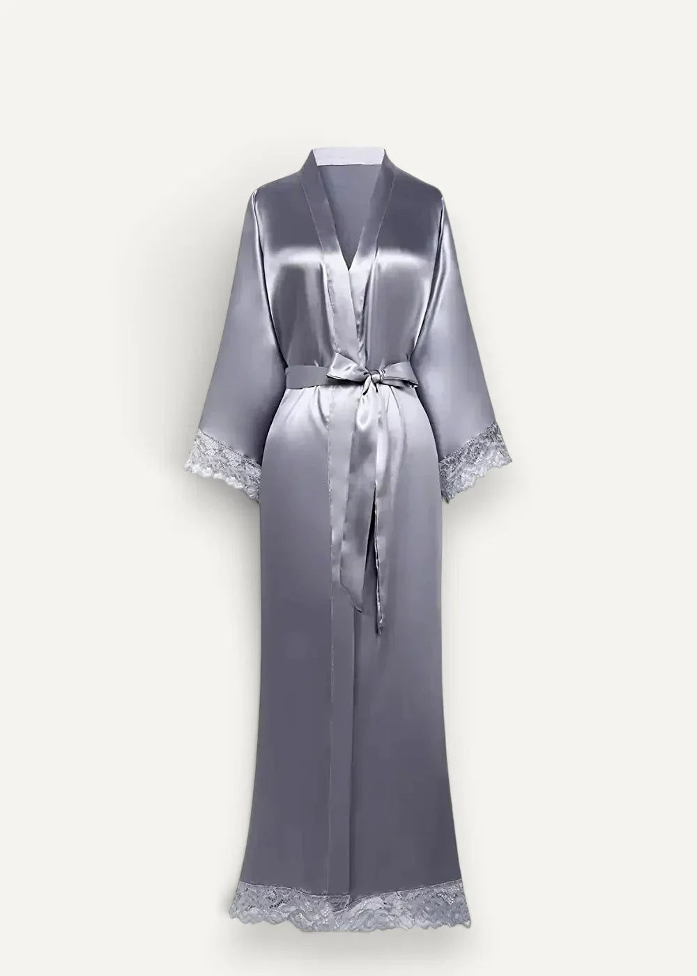 Women’s satin kimono robe in sleek silver with delicate lace trim at cuffs and hem, tied with matching belt