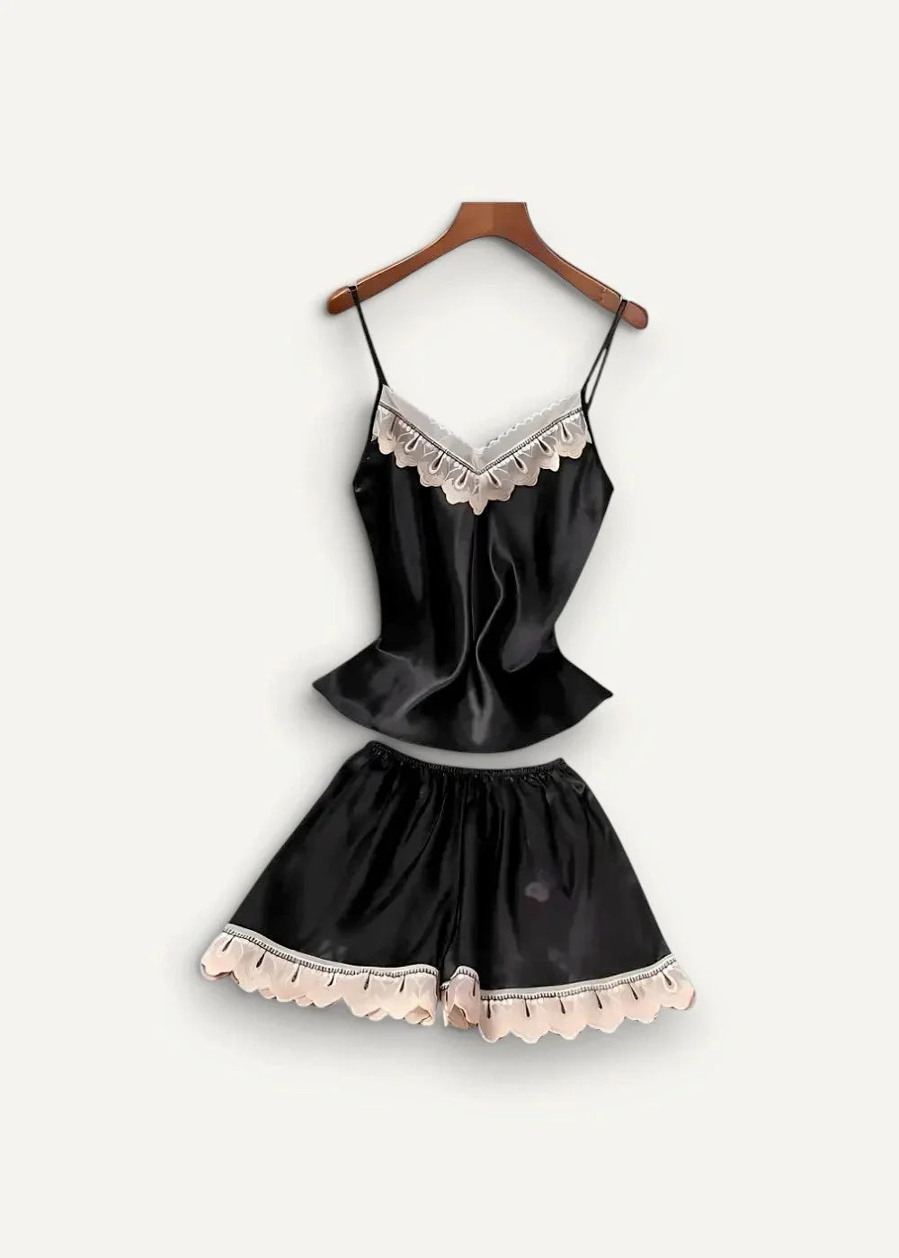 Women’s satin nightgown and robe set in black with delicate beige lace trim along the neckline and hem