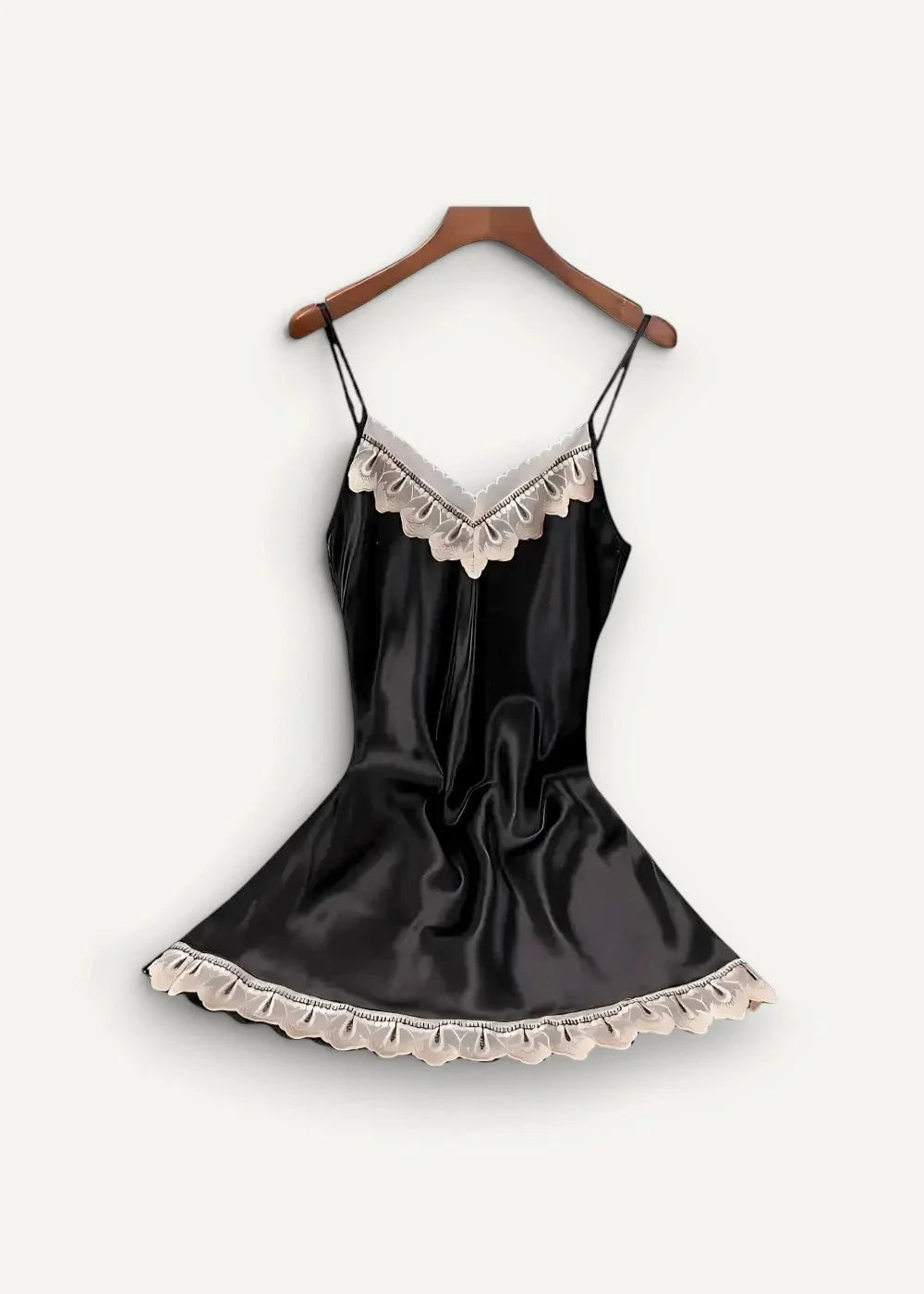 Women’s satin nightgown in black with beige lace trim along neckline and hem for elegant sleepwear
