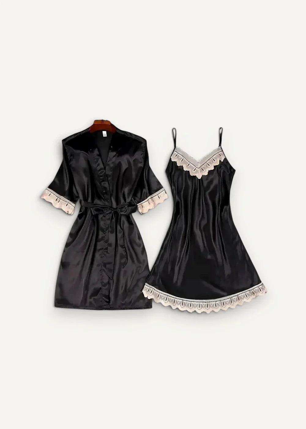 Women’s black satin nightgown and robe set with delicate lace trim perfect for elegant sleepwear and lounging