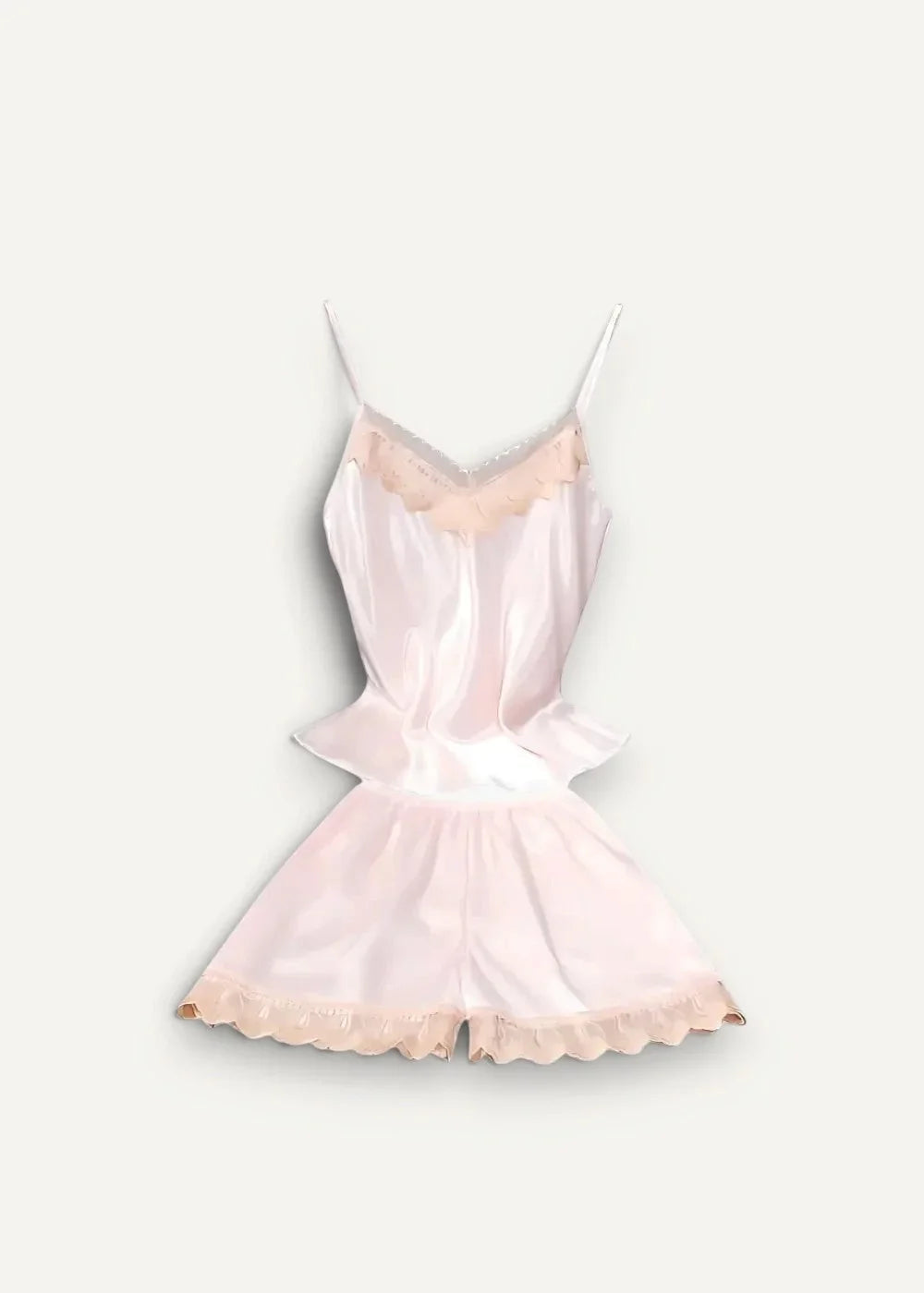 Women’s satin nightgown and robe set featuring a delicate blush pink satin camisole dress with lace trim and flared skirt