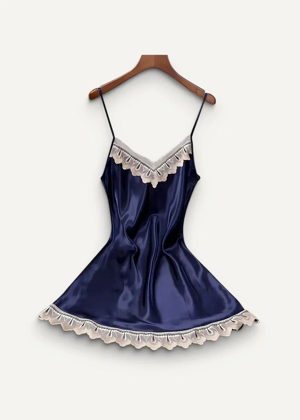 Women’s satin nightgown and robe set in navy blue with silver lace trim on neckline and hem made of satin