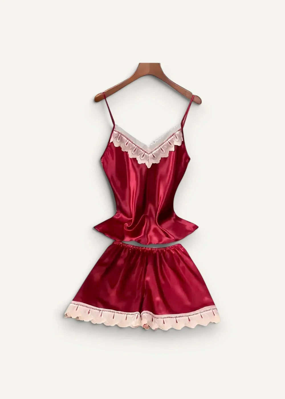Red satin pajama set with delicate pink lace trim for women featuring a satin nightgown and robe set