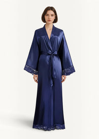 Women’s silk kimono deep navy satin robe with delicate lace trim at cuffs and hem