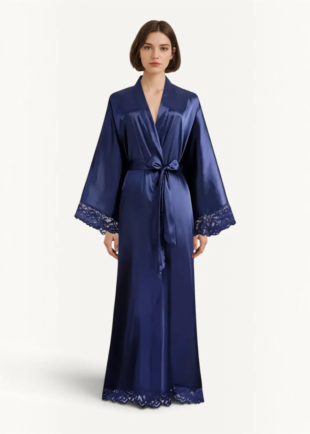 Women’s silk kimono deep navy satin robe with delicate lace trim at cuffs and hem