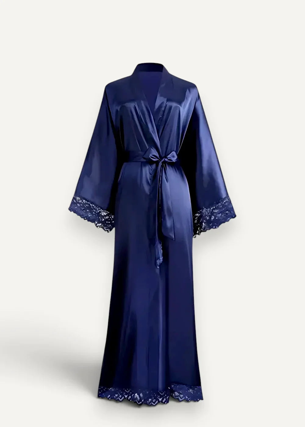 Women’s silk kimono in deep navy satin with delicate lace trim on cuffs and hem tied at the waist