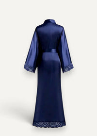 Women’s silk kimono in navy blue satin with delicate lace trim on cuffs hem and waistband