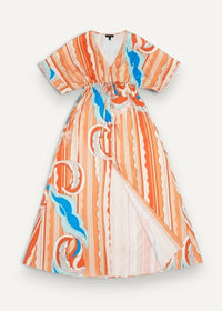 Orange and blue striped wrap kimono dress with v-neckline short sleeves and flowing fabric design
