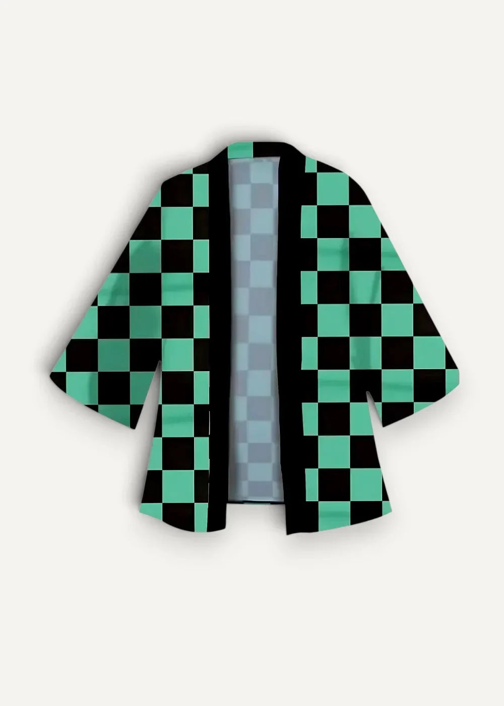 Yellow kimono jacket featuring a black and teal checkered design with subtle gradient inner lining