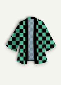 Yellow kimono jacket featuring a black and teal checkered design with subtle gradient inner lining