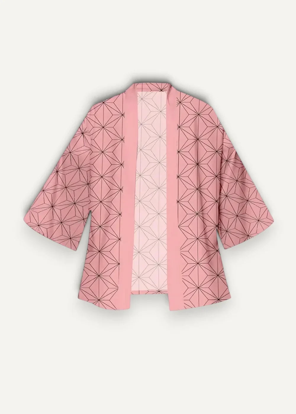 Yellow kimono jacket featuring a pink kimono-style design with a geometric pattern of interconnected dark-lined triangles