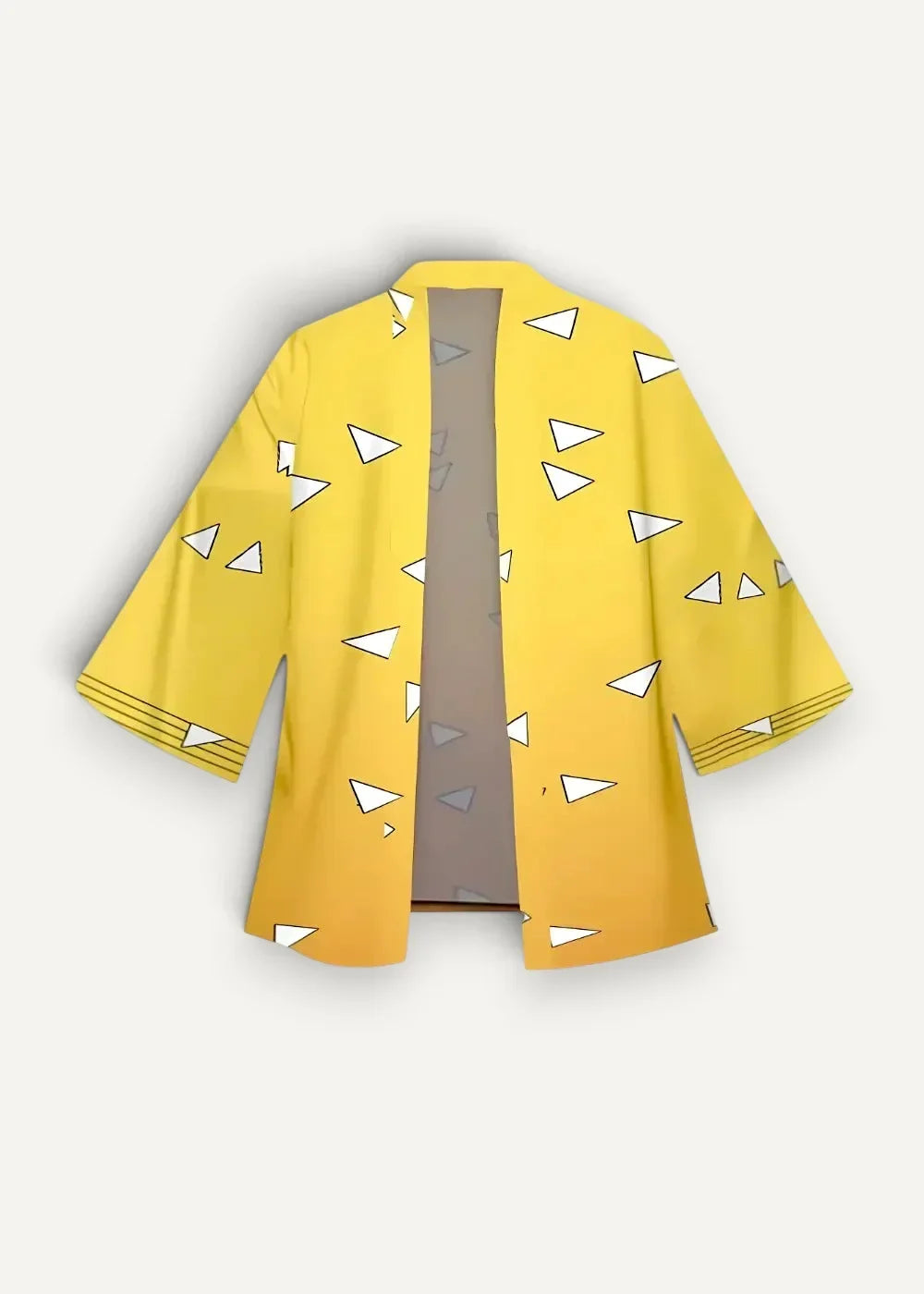 A vibrant yellow kimono jacket with white triangle patterns designed for stylish casual wear