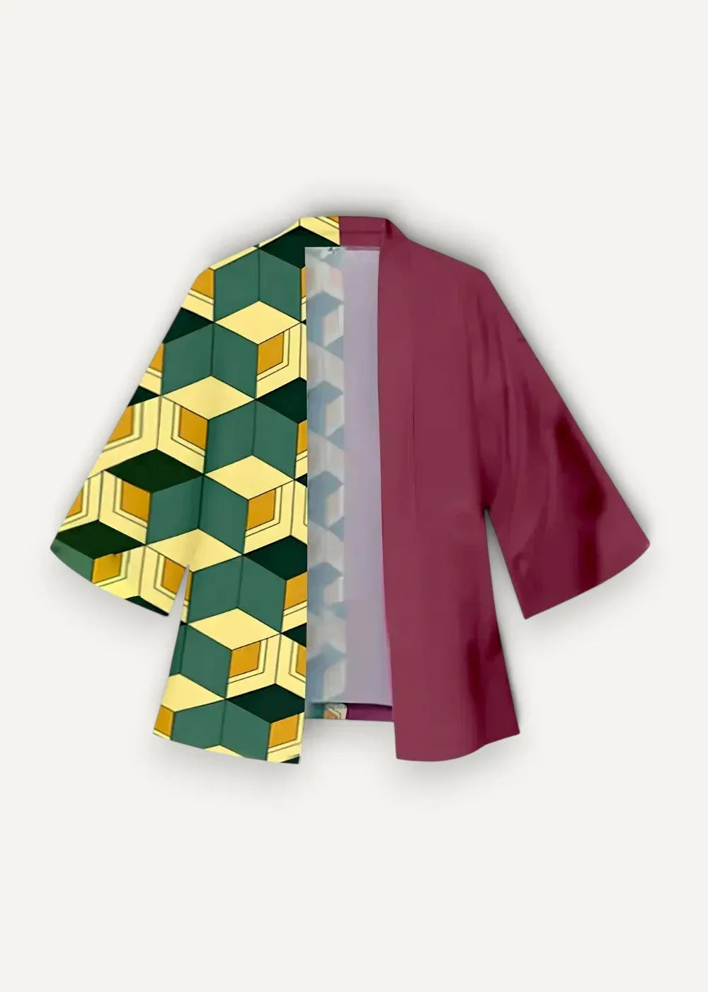 Yellow kimono jacket with vibrant green and yellow geometric cube pattern on one side and solid maroon fabric on the other