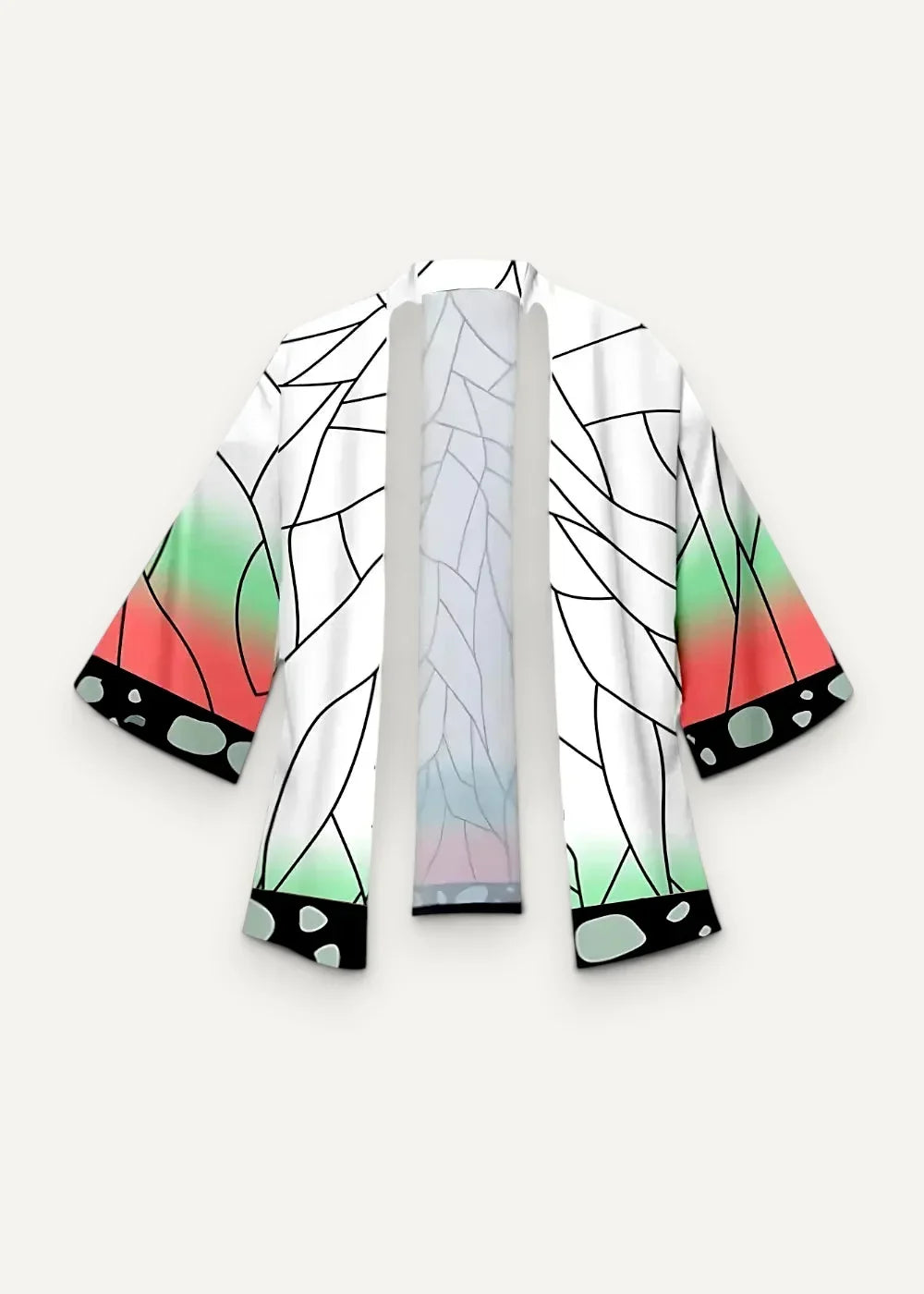 White kimono jacket with black butterfly wing outlines and red to green gradient sleeves with stone accents at cuffs