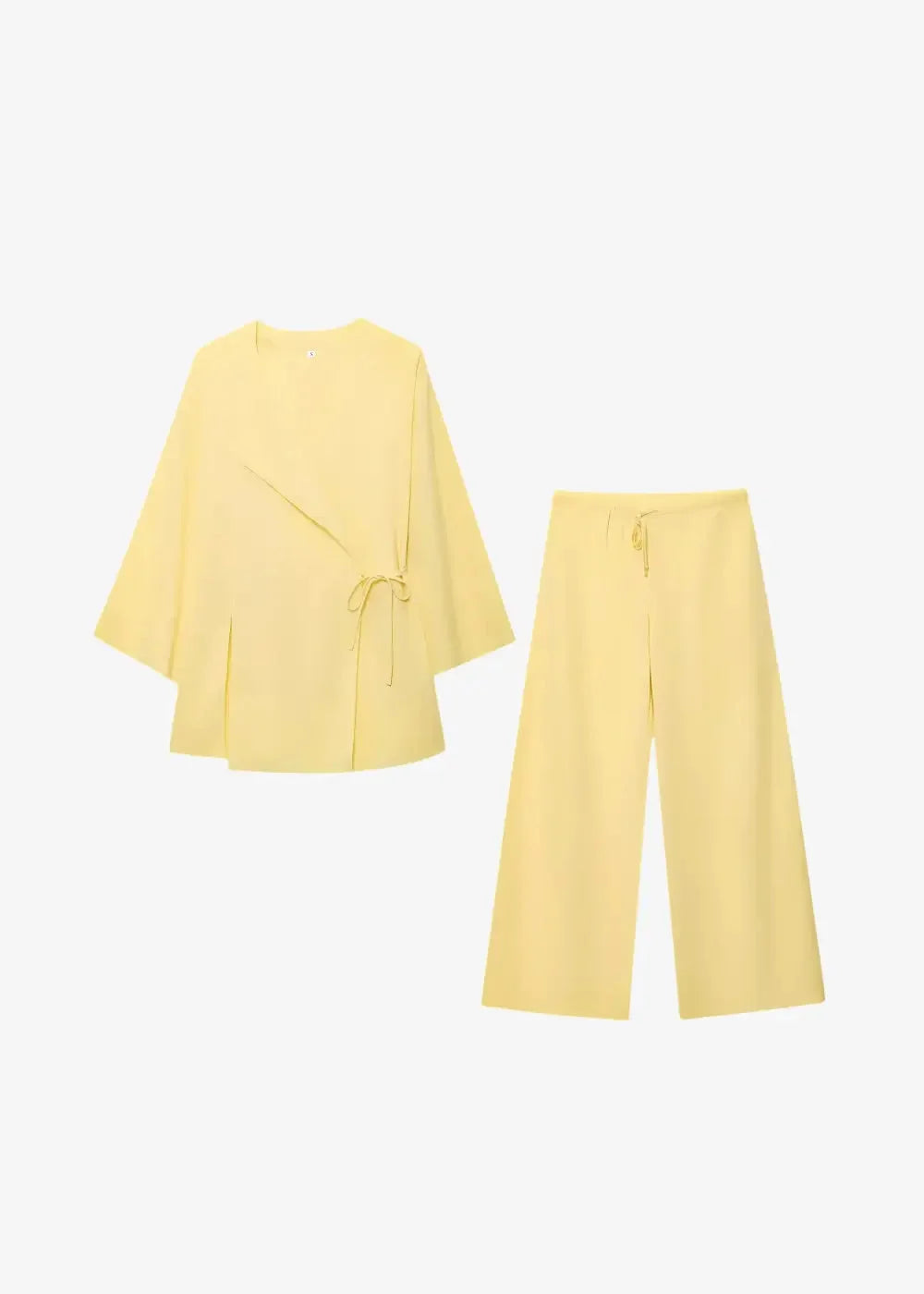 Yellow kimono set soft yellow two-piece loungewear with loose tie-front top and wide-leg pants