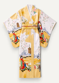 Yellow satin robe featuring vibrant yellow and white traditional geisha and pagoda artwork on silk-like fabric