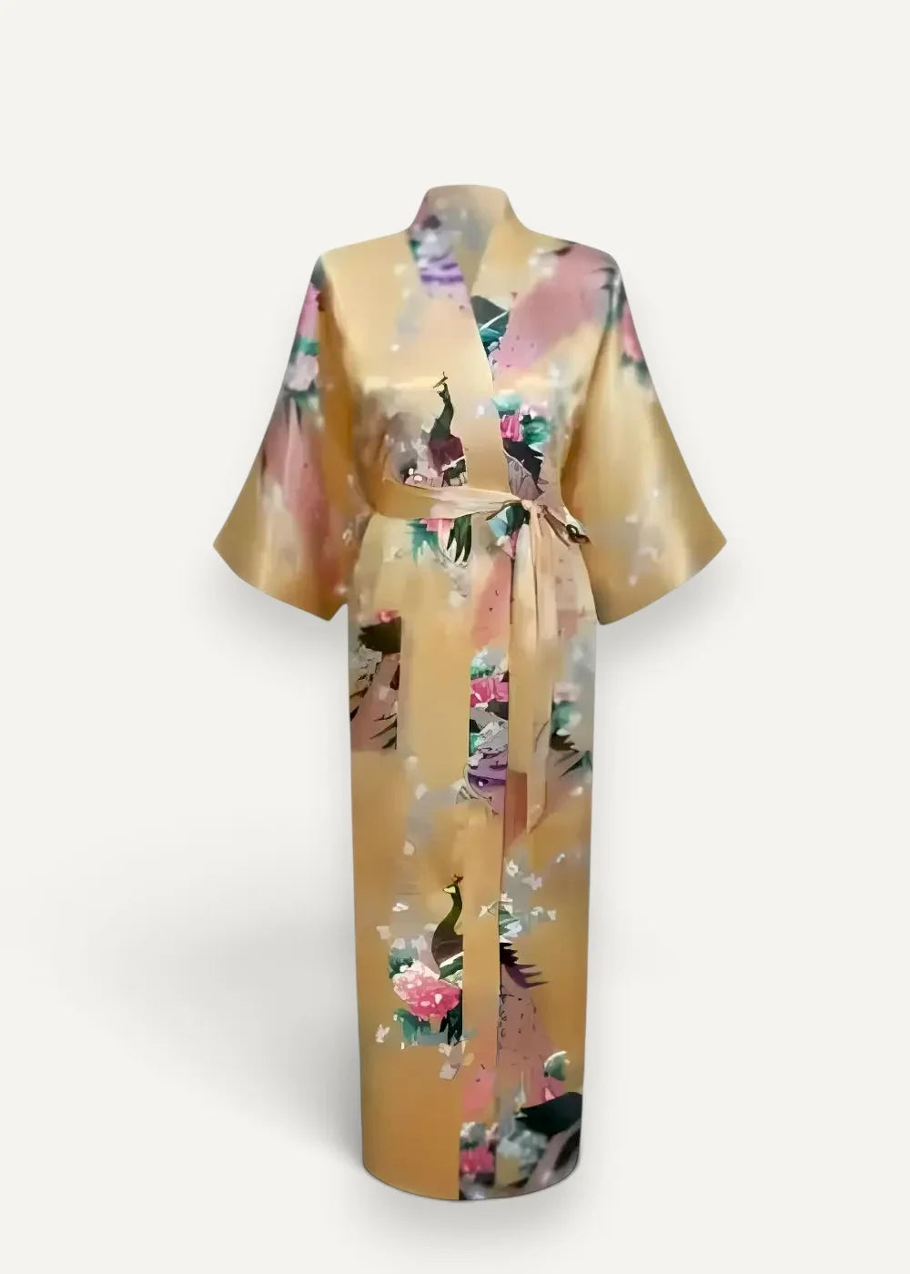 Yellow silk kimono robe featuring a golden silk fabric with delicate peacock and floral patterns tied at the waist