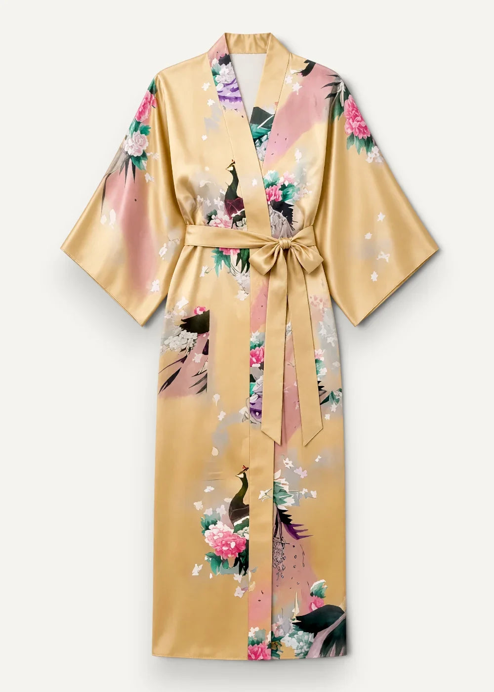 Yellow silk kimono robe with a golden base featuring a vibrant peacock and floral pattern tied at the waist