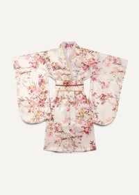 Ivory silk yukata bathrobe with soft pink floral pattern wide sleeves and matching belt in delicate design