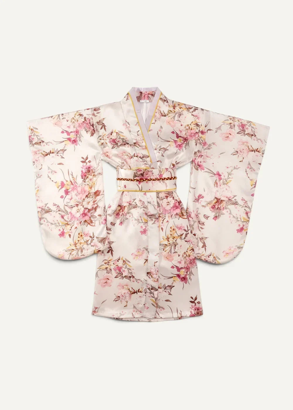 Ivory silk yukata bathrobe with soft pink floral pattern wide sleeves and matching belt in delicate design