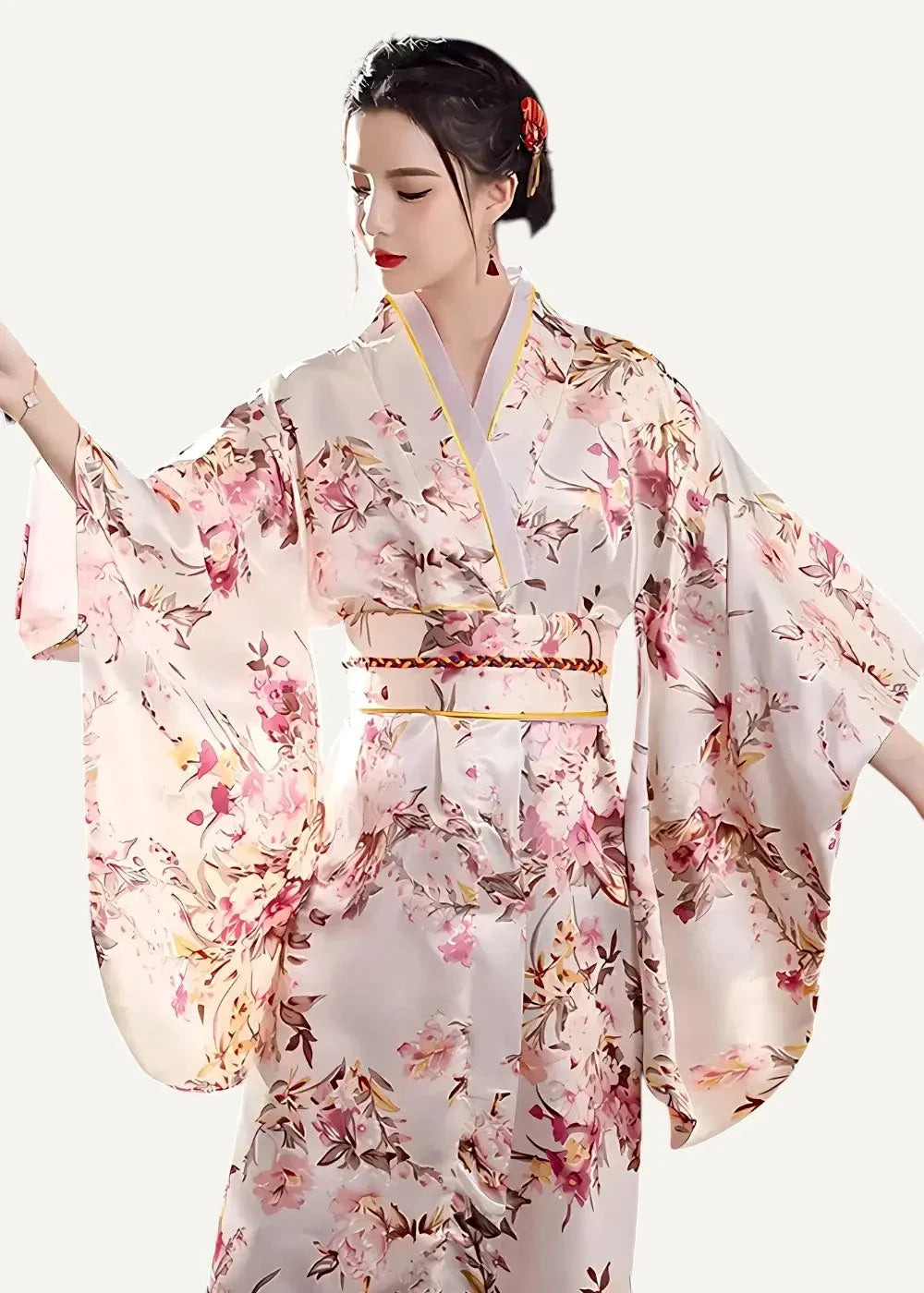 Light-colored flowing yukata bathrobe with delicate pink and brown floral pattern for comfortable lounging