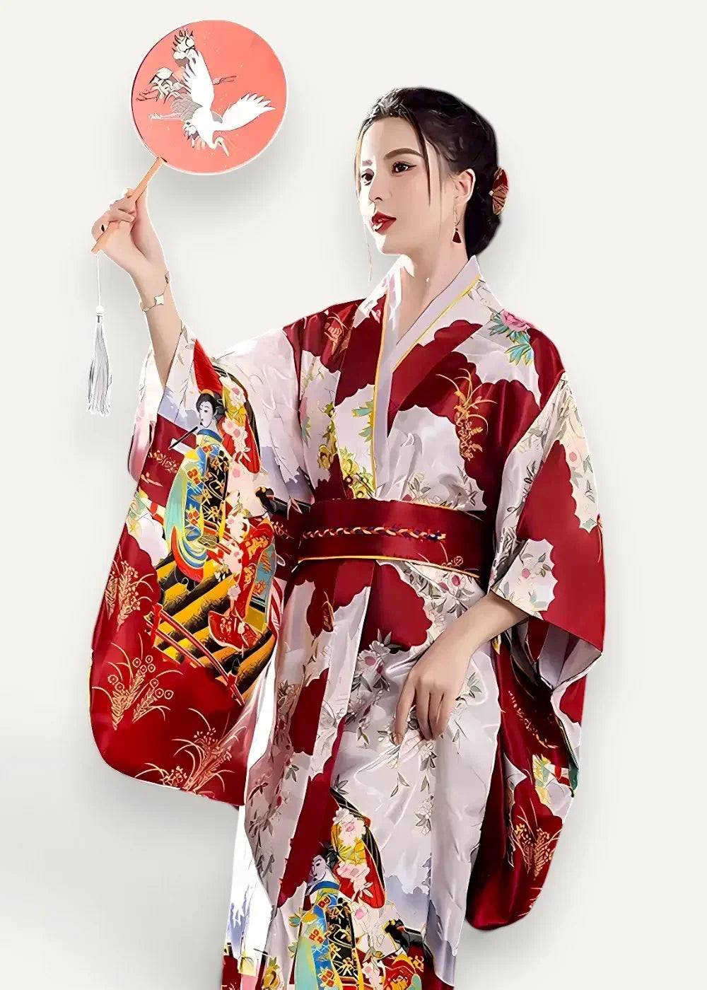 A woman wearing a vibrant red and white yukata Japanese kimono with intricate traditional silk fabric illustrations
