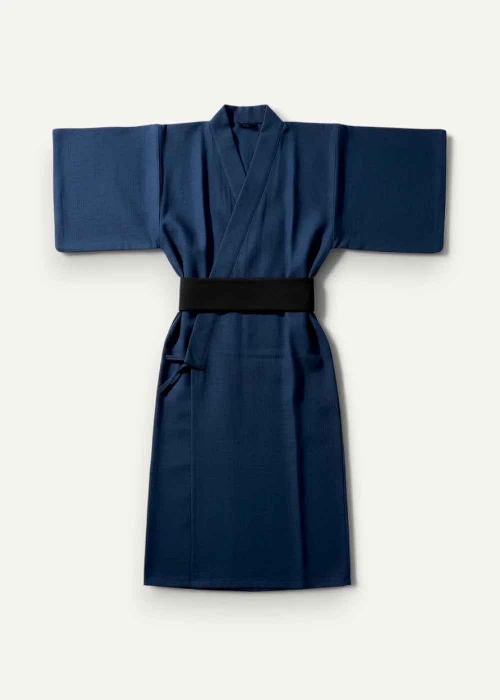 Navy blue silk yukata kimono with a black obi belt shown from the back side for traditional wear