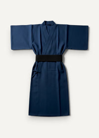 Navy blue silk yukata kimono with a black obi belt shown from the back side for traditional wear