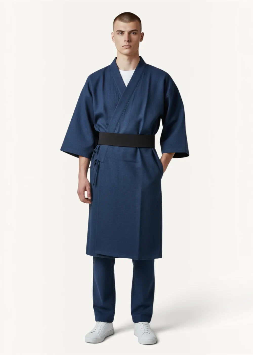 Navy blue yukata kimono robe with three quarter sleeves black belt and front pockets for comfortable wear
