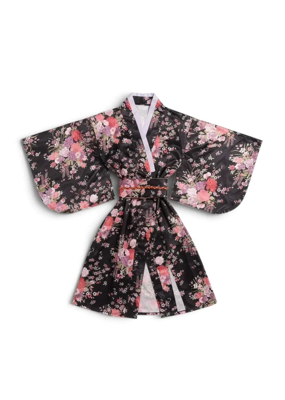 Black floral yukata robe with wide sleeves and white inner lining made of lightweight fabric for casual wear