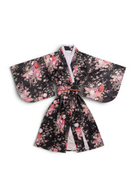Black floral yukata robe with wide sleeves and white inner lining made of lightweight fabric for casual wear