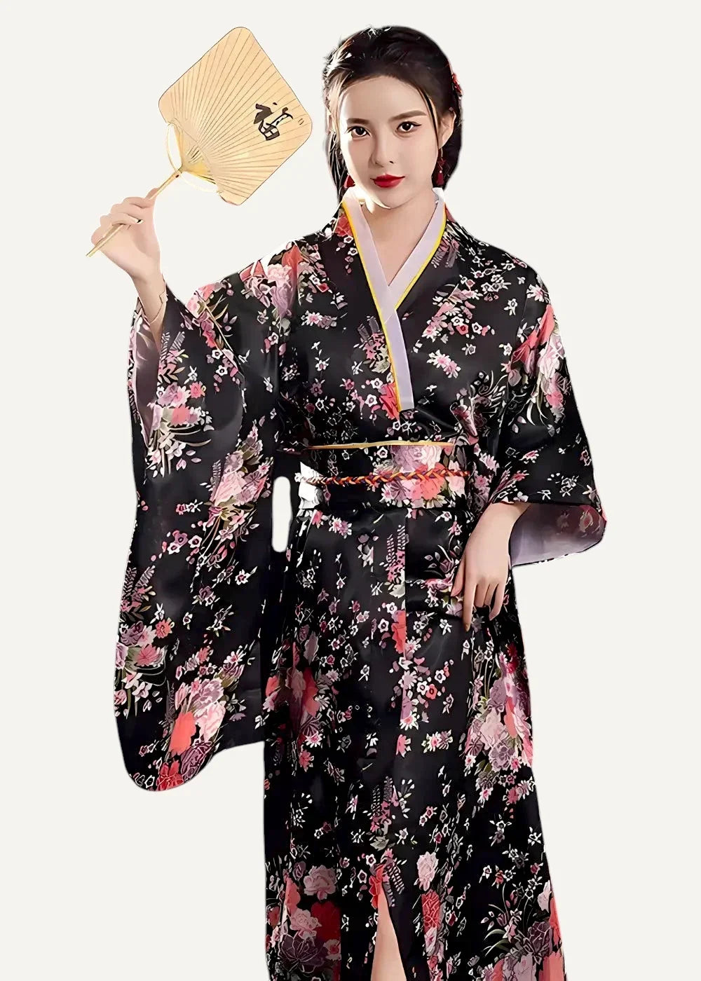 Black silk yukata robe with pink and red floral pattern and white inner collar trimmed in gold