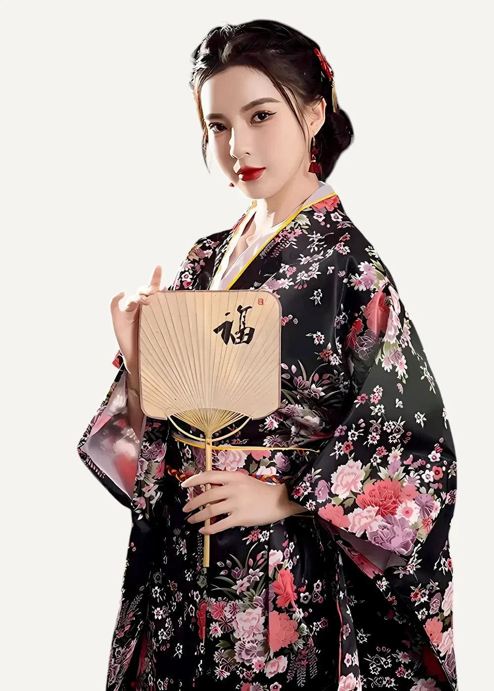 Woman wearing a black floral yukata robe and holding a traditional Japanese hand fan
