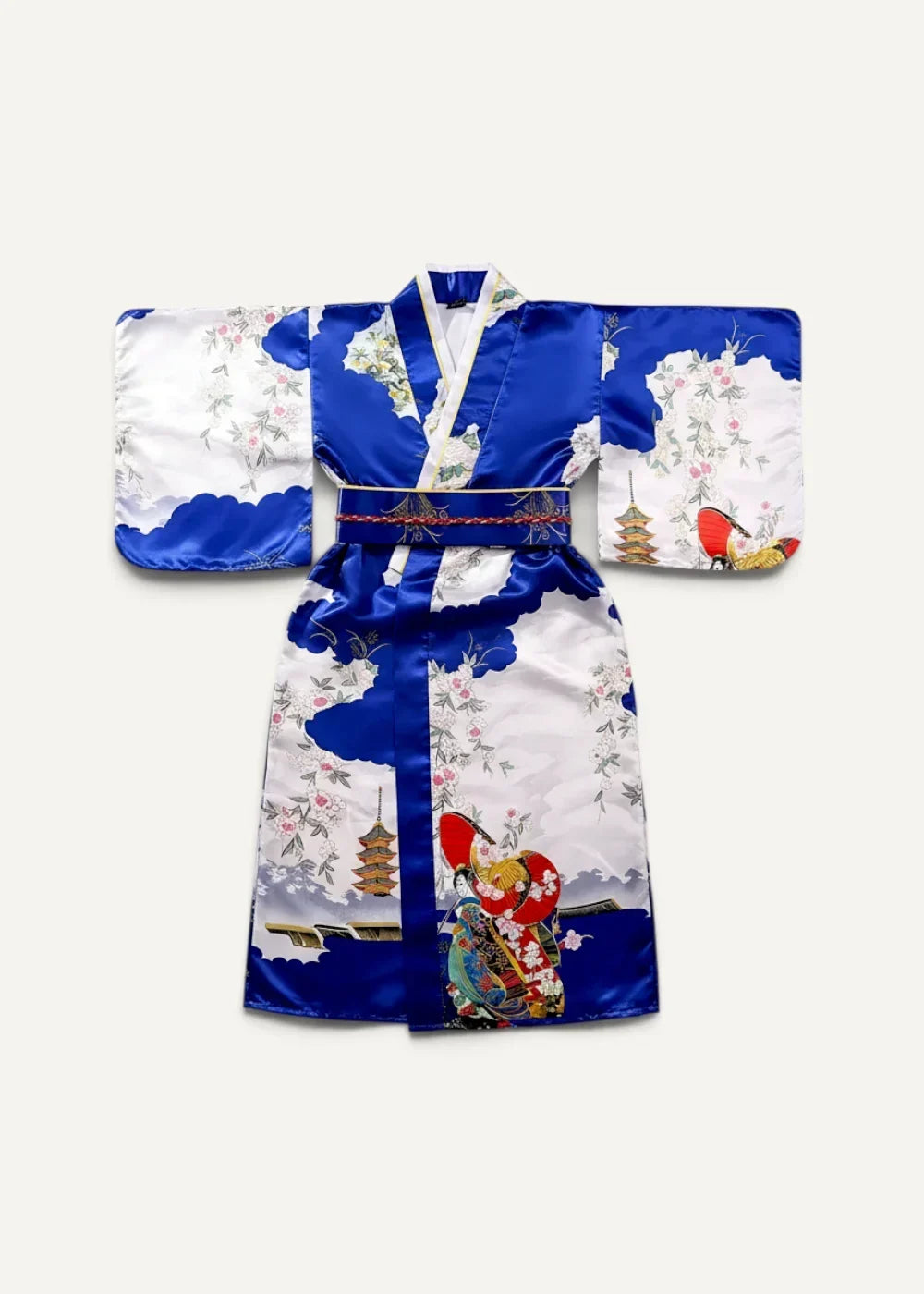 A vibrant blue and white silk yukata for women with intricate floral patterns and traditional pagoda motifs