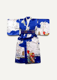 A vibrant blue and white silk yukata for women with intricate floral patterns and traditional pagoda motifs