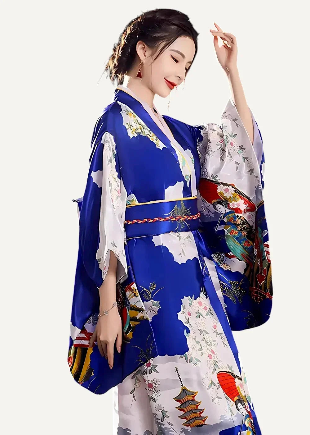 Vibrant blue and white silk yukata women feature intricate floral pagoda and traditional japanese motifs