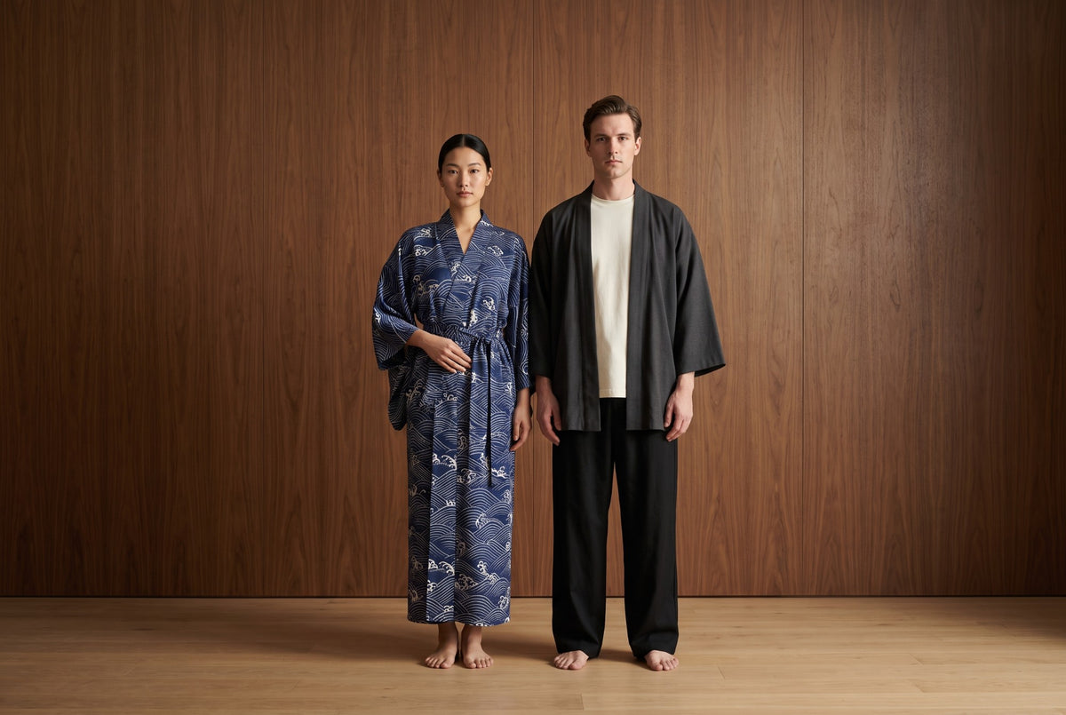 Woman in an indigo wave print kimono robe and man in a charcoal haori jacket standing against a walnut wall