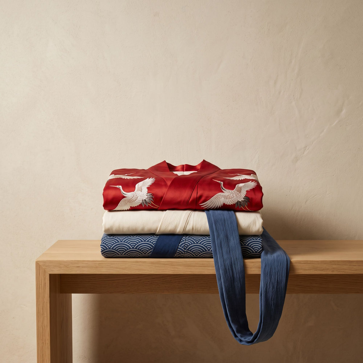 Folded kimono robes in red crane, ivory and indigo wave prints on a light oak bench Image