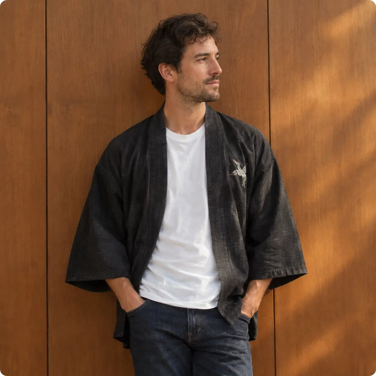 Man wearing an open black haori jacket over a plain white tee Image
