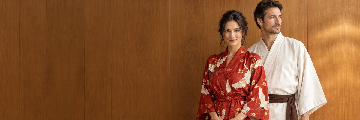 Woman in a red crane kimono robe and man in an ivory kimono robe by a warm wood wall