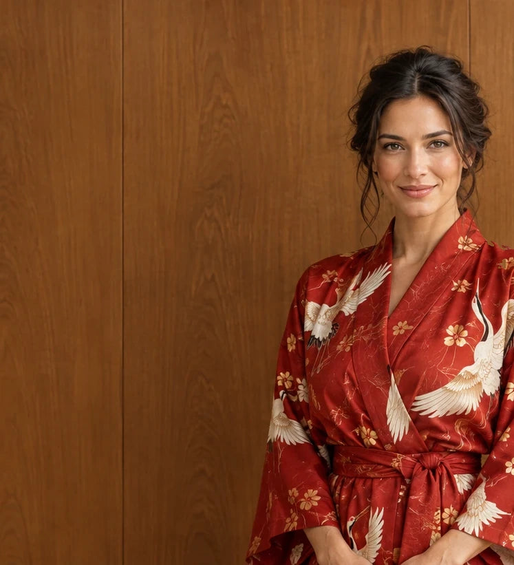Woman in a red kimono robe with white cranes by a warm wood wall